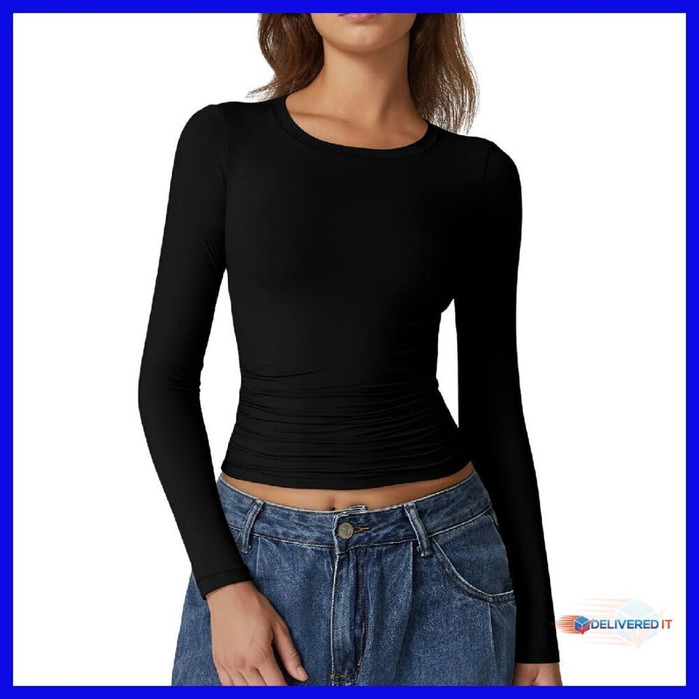 Long Sleeve Crewneck Crop Top Side Ruched Slim Fit Double Lined Tee